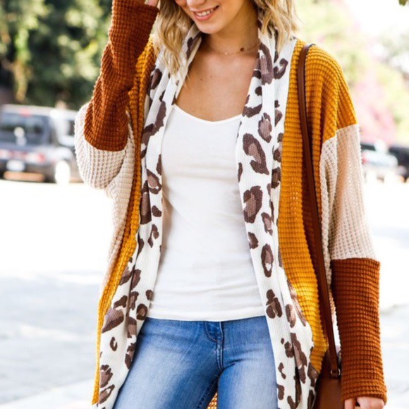 Mustard Leopard Print Color Block Open Front Waffle Cardigan - Picture 5 of 5